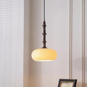 Model C large diameter frosted glass pendant lamp with dark brown metal frame in residential setting