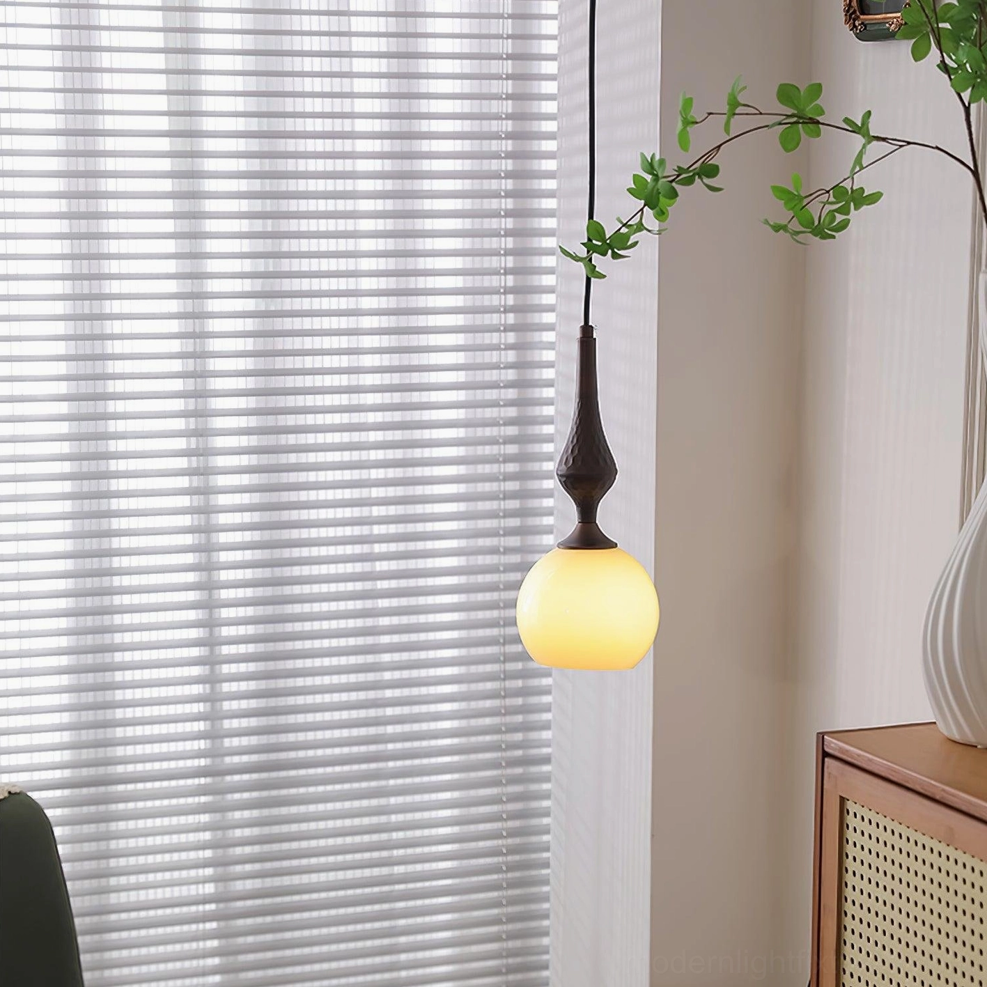 Modern pendant light fixture with vintage inspired design, dark brown metal and white frosted glass