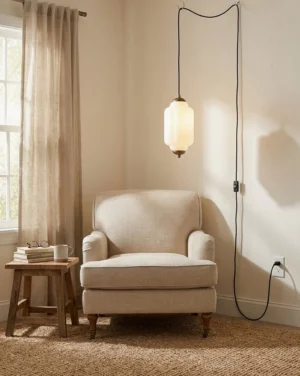 Milky white frosted glass pendant light hanging in modern living room corner with armchair and side table