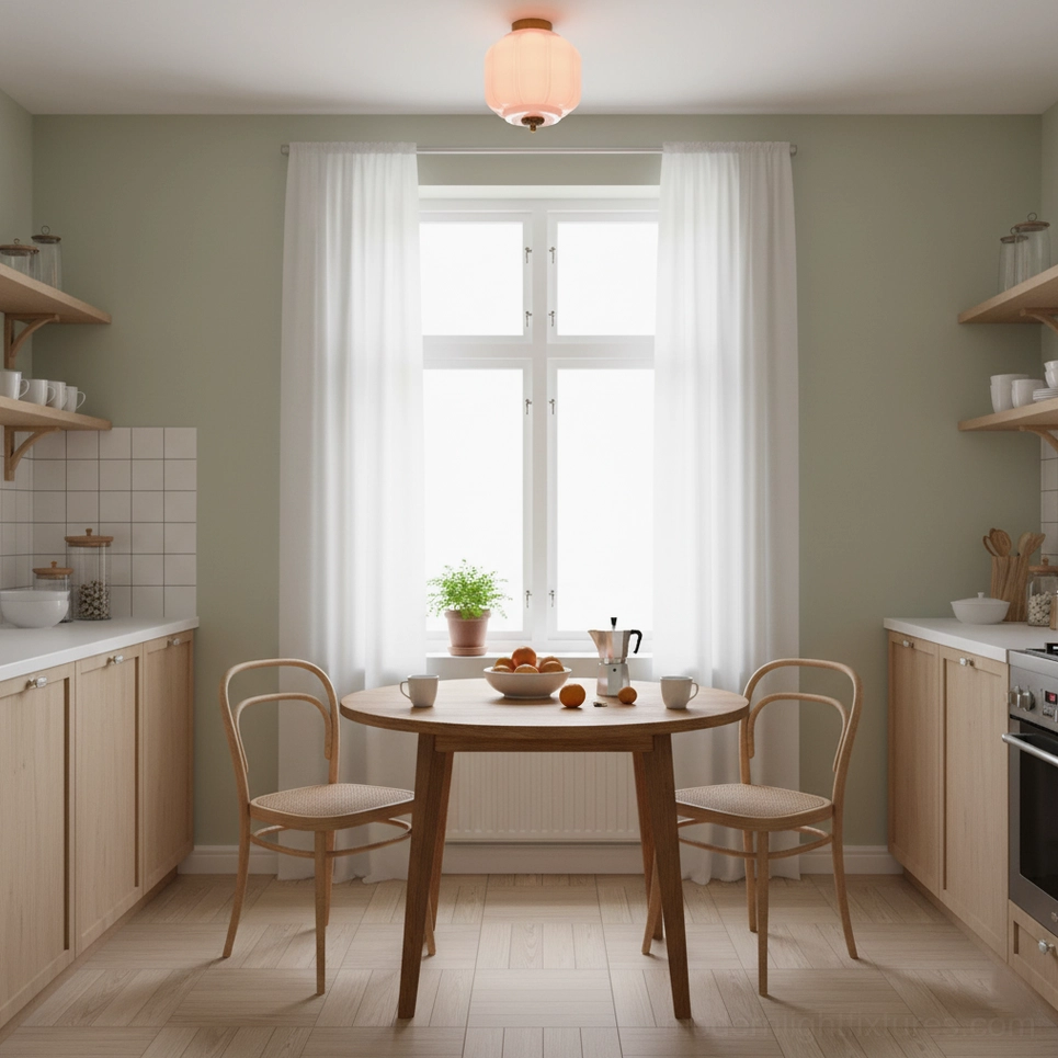 Pink opaline glass flush mount light in Scandinavian dining room with wooden furniture
