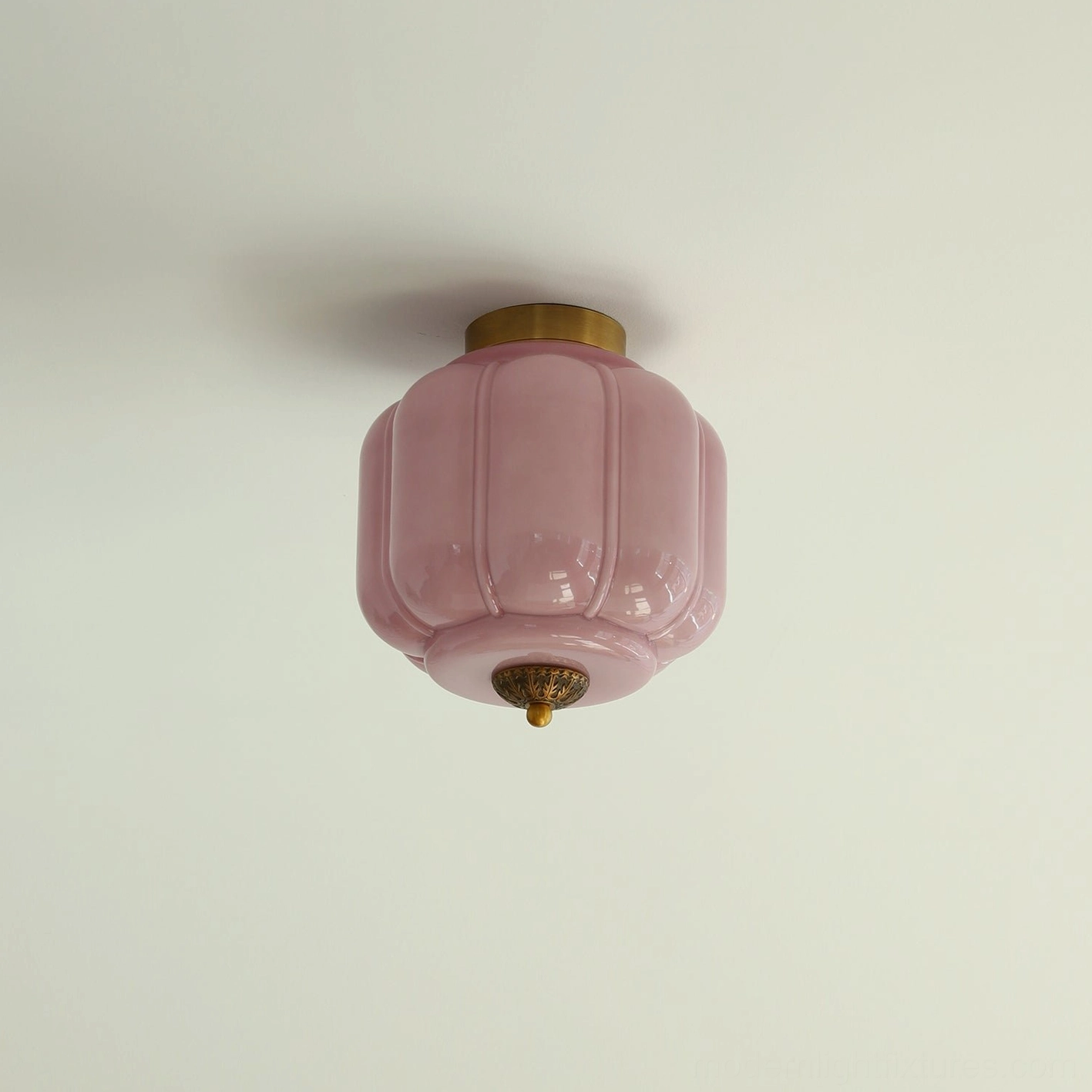 Blush pink ribbed opaline glass ceiling light fixture with brass detailing