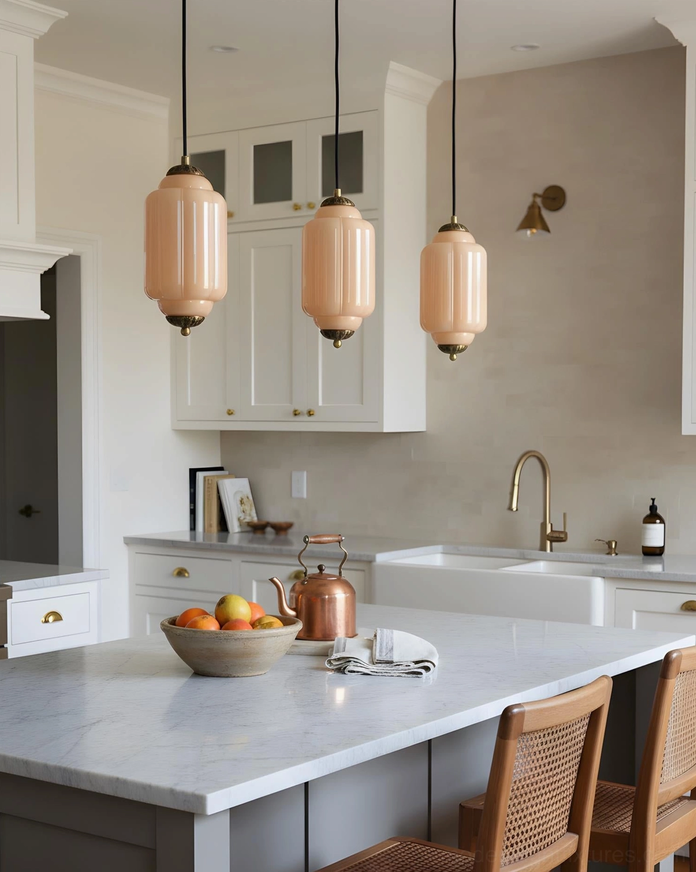 Three blush pink Eloise glass pendant lights clustered above kitchen island dining area