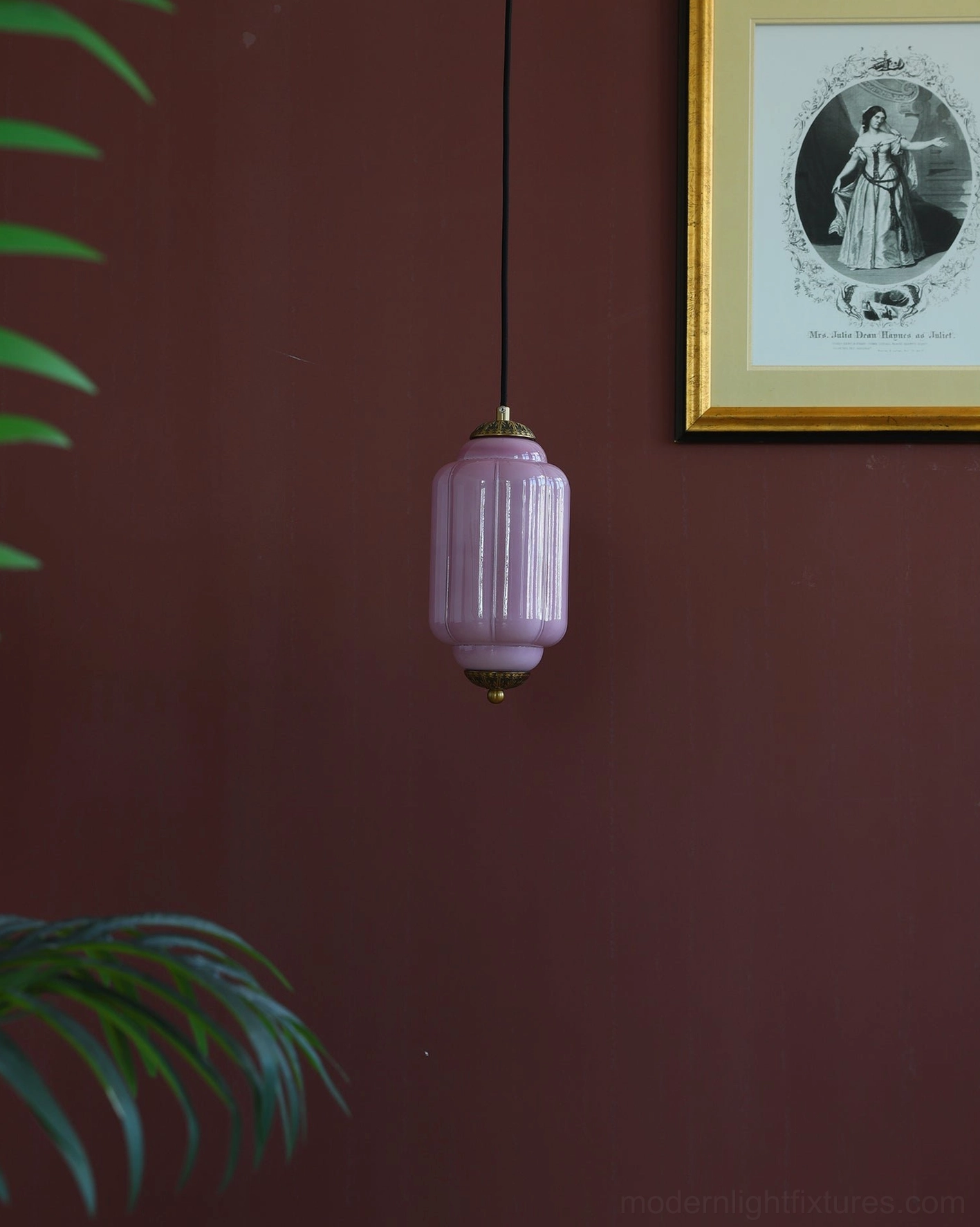 Vintage purple fluted glass pendant lamp with antique brass details retro lantern design