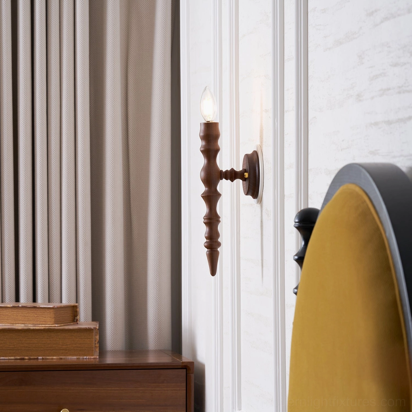 Eloise wood wall sconce brass mounting hardware walnut wood construction detail