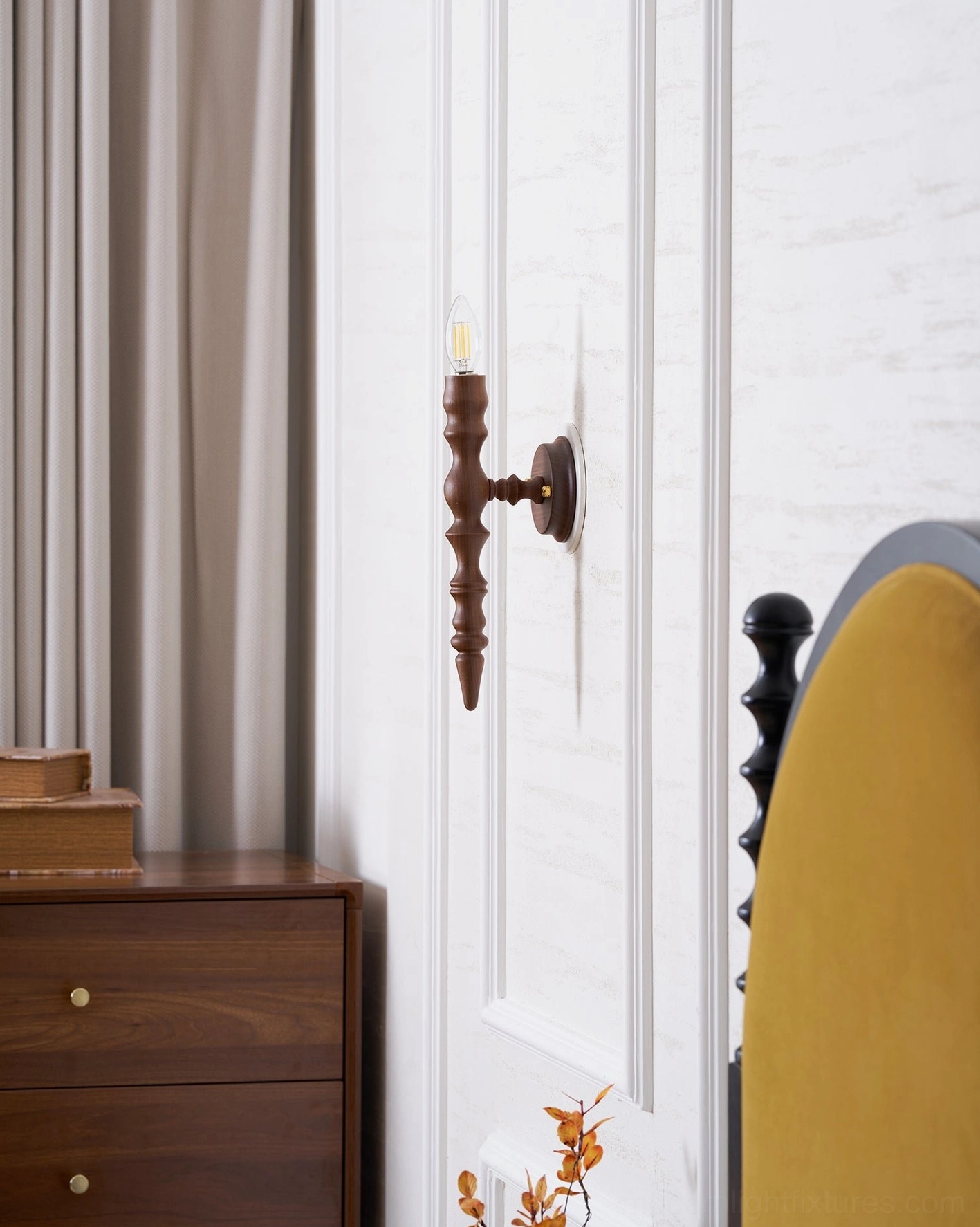 Eloise wooden candlestick wall lamp turned spindle body classical design element