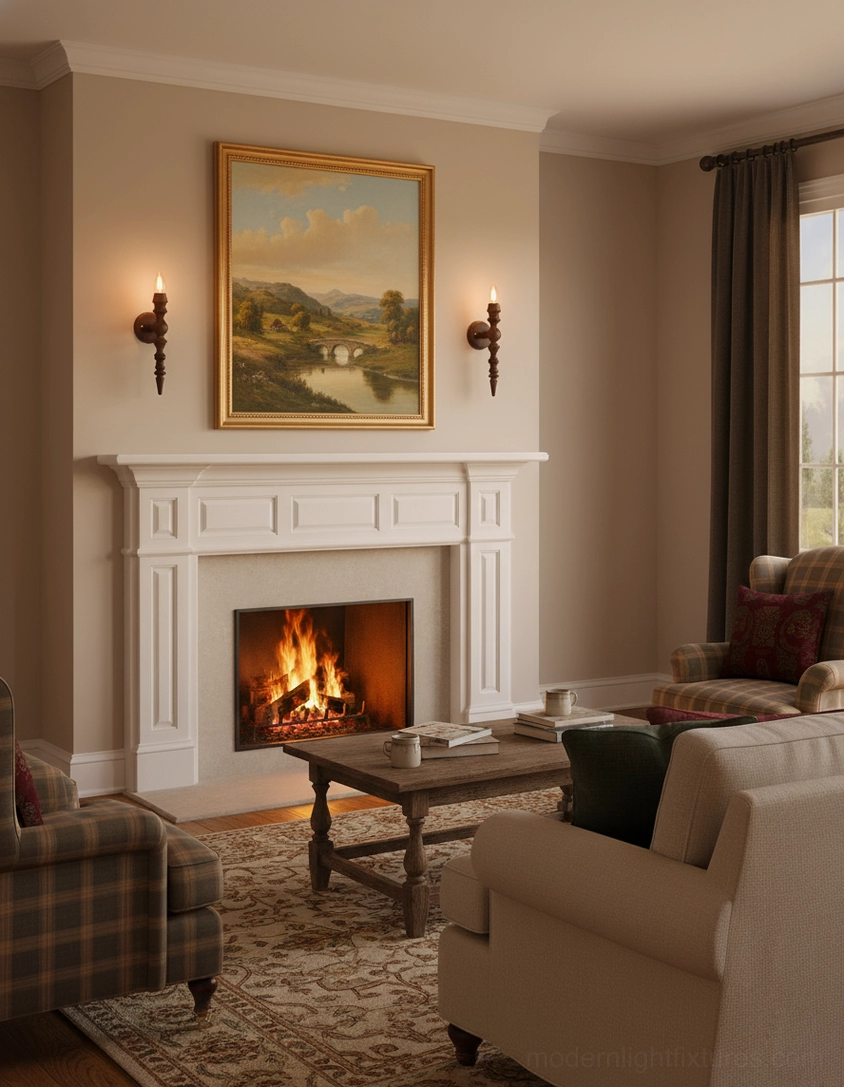 Multiple Eloise walnut wood wall sconces creating warm ambient lighting in vintage hallway corridor