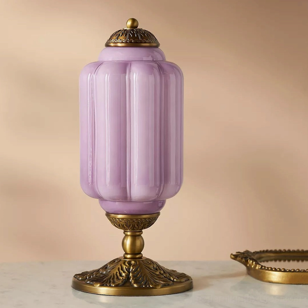 Eloise sculptural table lamp with textured fluted glass and ornate brass hardware complete view