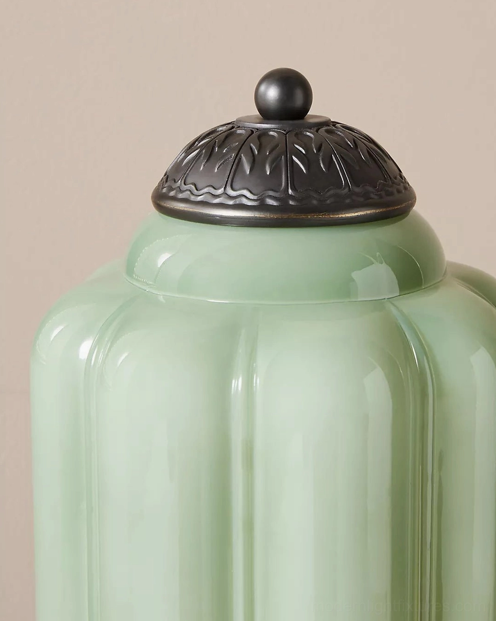 Close-up detail of fluted glass shade showing ribbed texture and dark bronze finial on Eloise table lamp