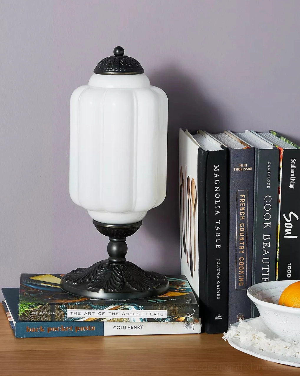 Eloise table lamp side profile showing textured ribbed glass and elegant proportions with brass accents