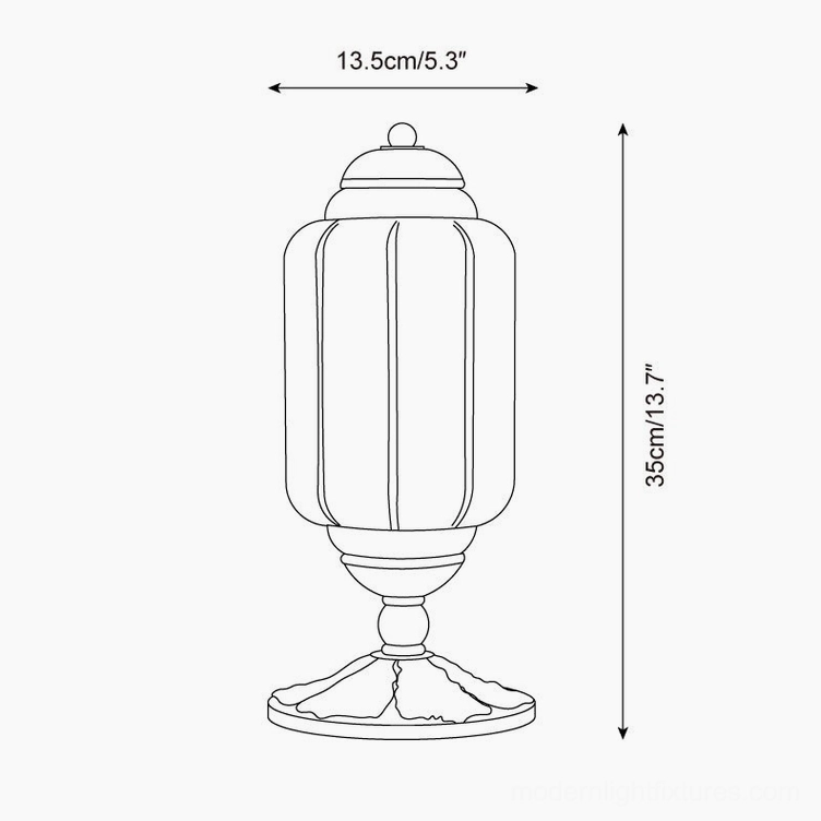 Eloise table lamp technical schematic showing dimensions 13.5cm width x 35cm height line art design