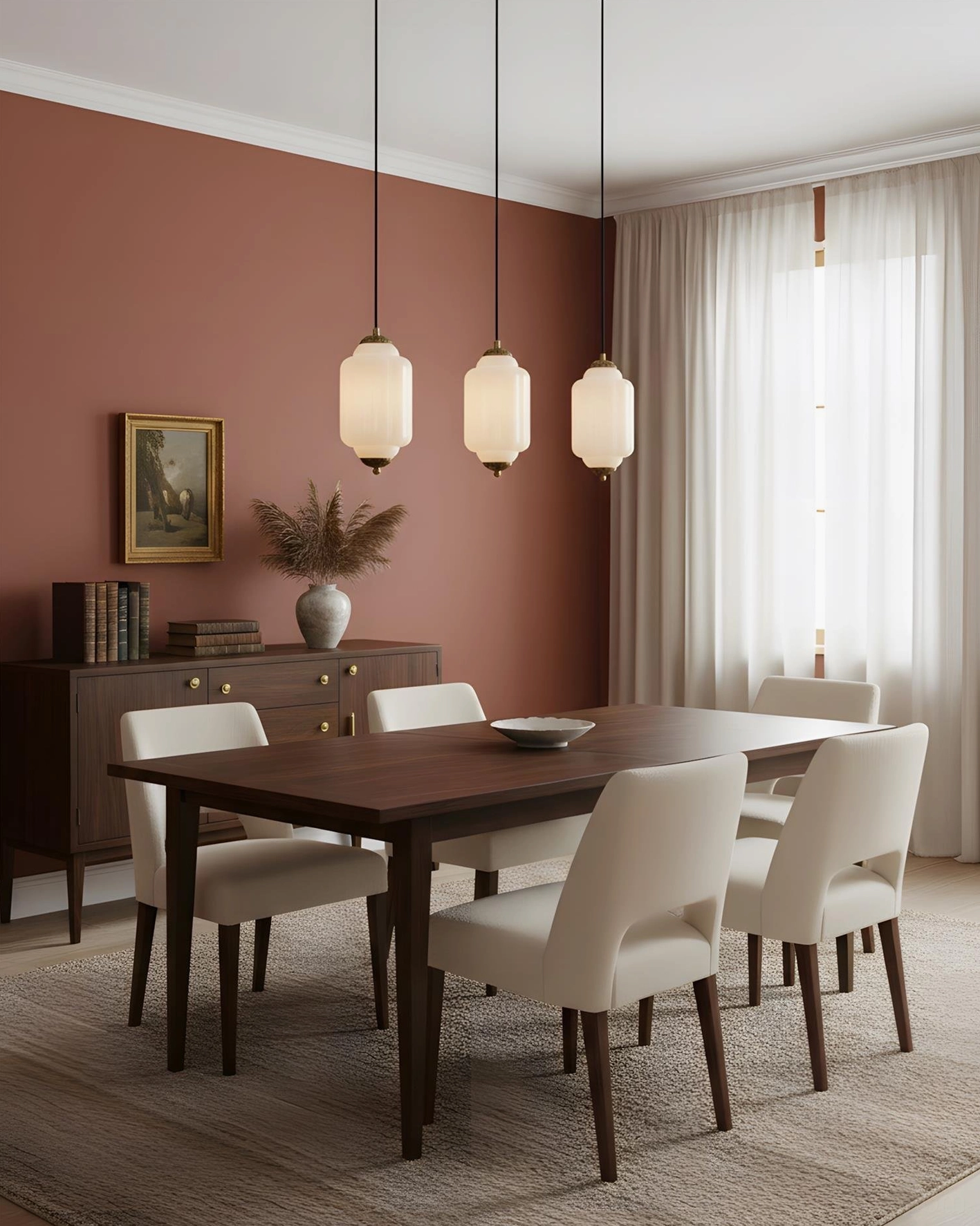 Multiple off-white cylindrical glass pendant lamps modern dining room aesthetic
