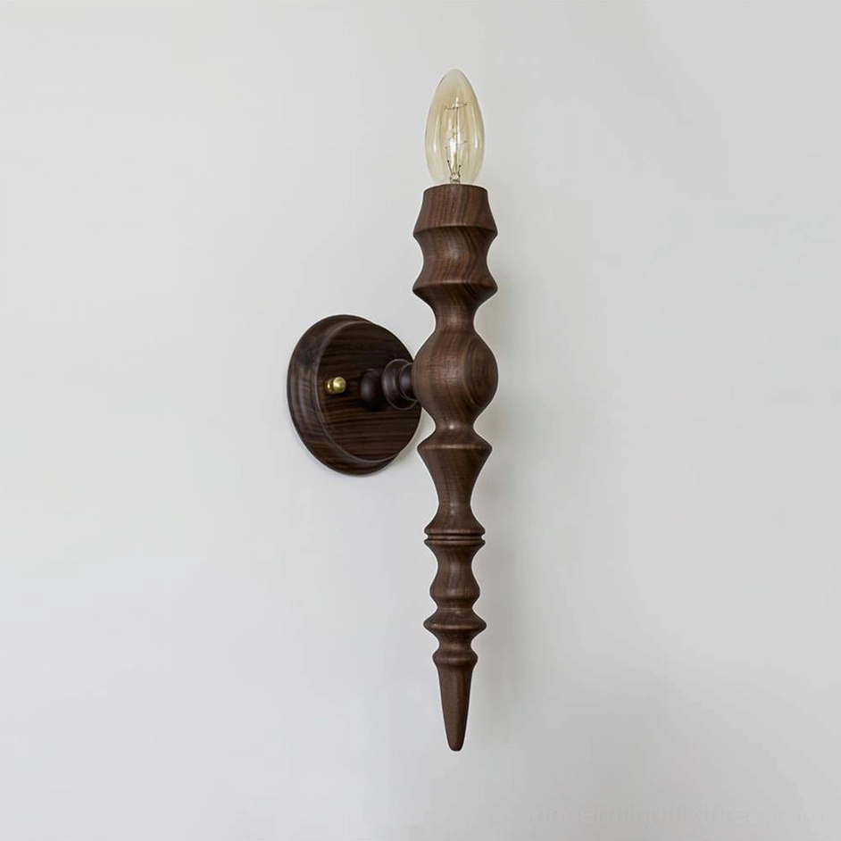 Eloise wooden candlestick wall lamp three-quarter side view showing carved turned wood detail