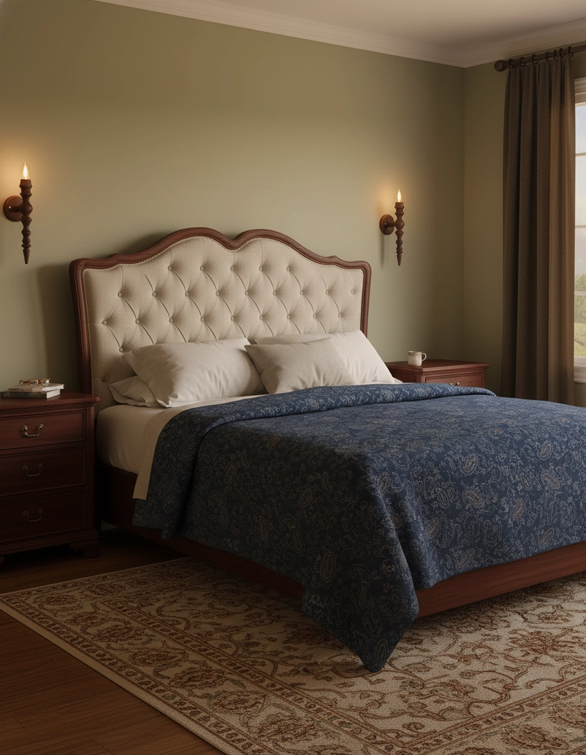 Pair of matching Eloise wood wall sconces flanking bed in master bedroom classic style