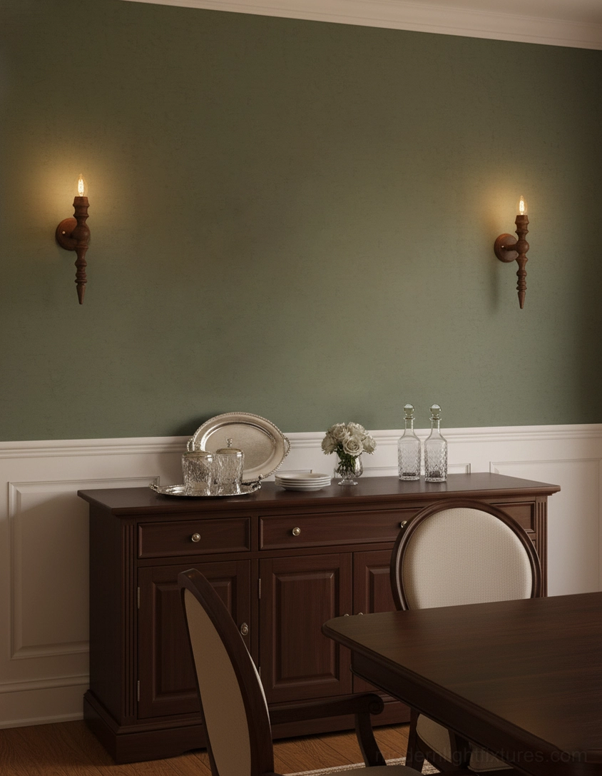 Pair of Eloise wood wall sconces above sideboard in green wainscoted dining room