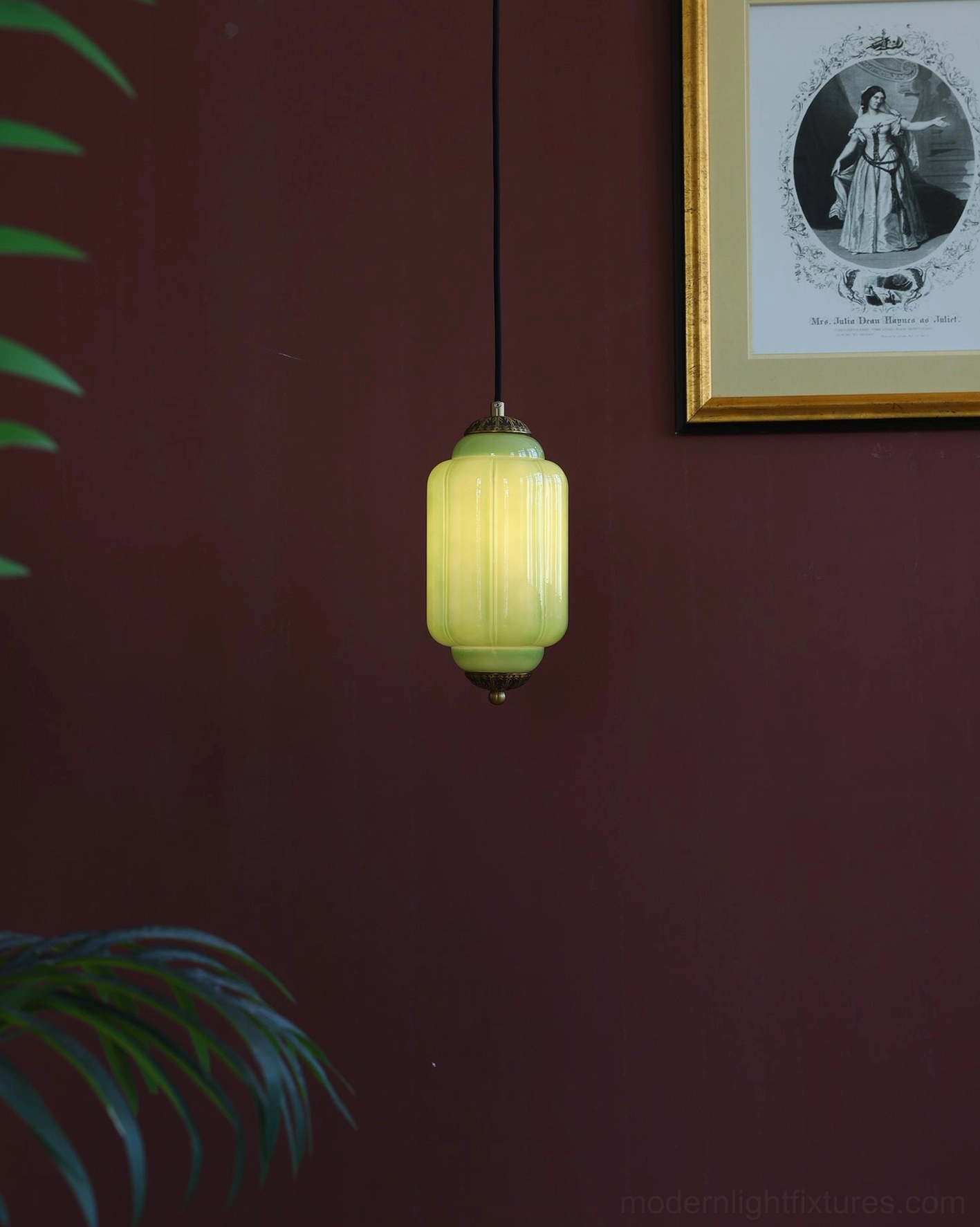 Yellow-green fluted glass pendant lamp with bronze hardware lantern design interior view