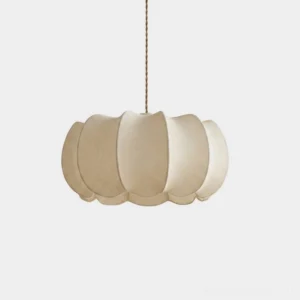 Eloria pleated petal pendant light with cream oatmeal fabric shade displayed front view on plain white background