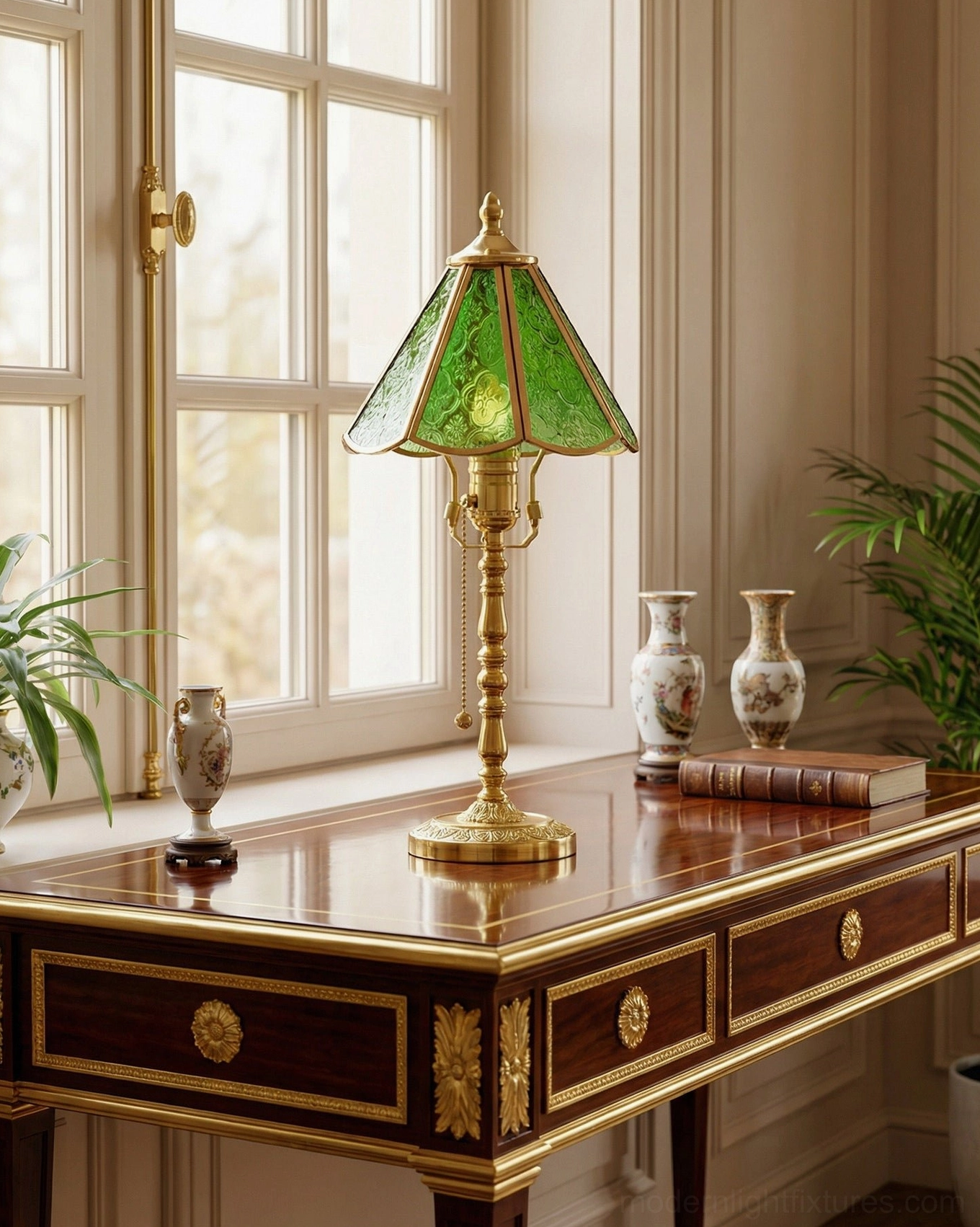 Elowen green glass lamp on traditional study desk with brass accents and dark wood furniture