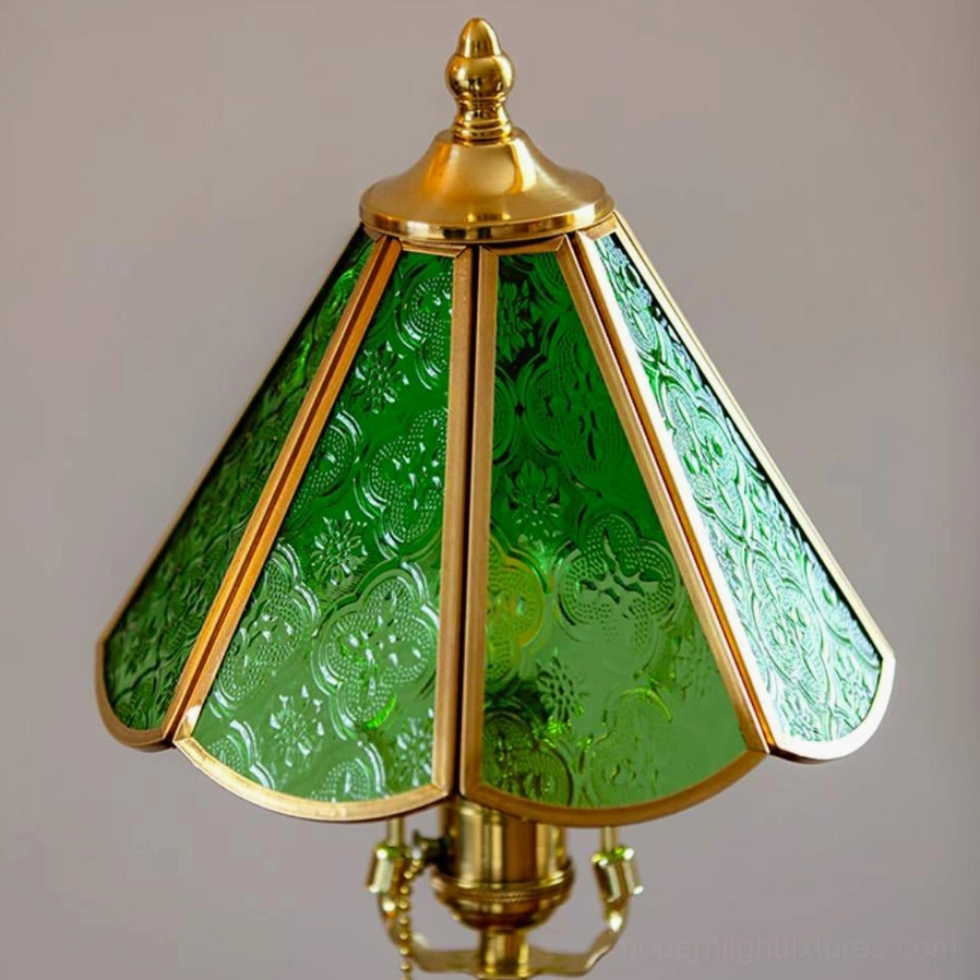 Elowen green stained glass table lamp detailed angle view showing leaded art glass panels and brass came