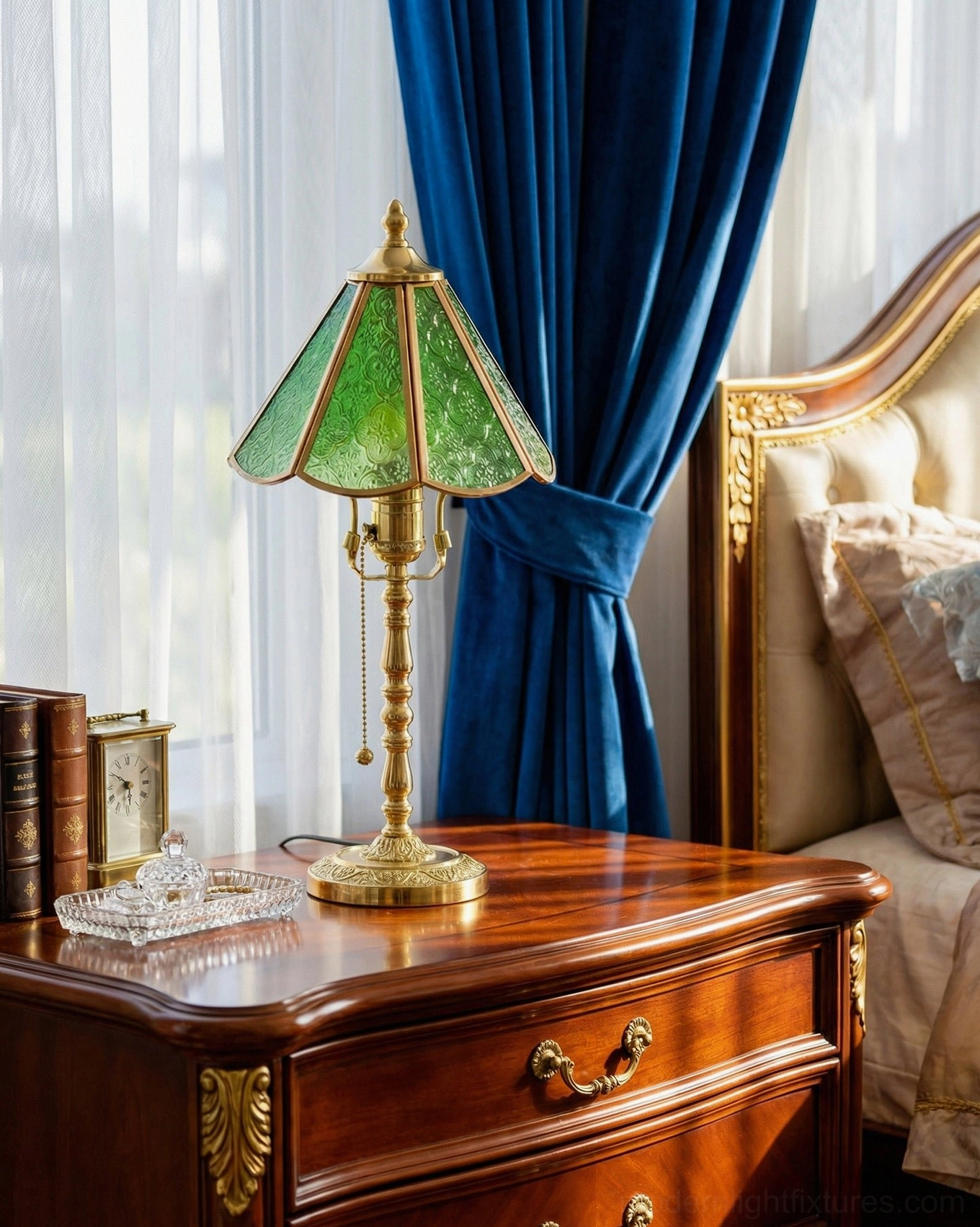 Elowen green stained glass lamp on luxury bedroom nightstand with dark wood and blue velvet curtains