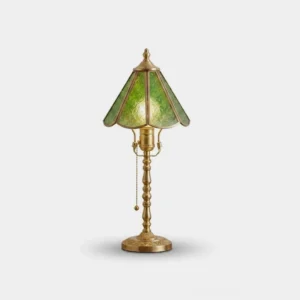Elowen green stained glass table lamp with turned brass column and base, front studio view