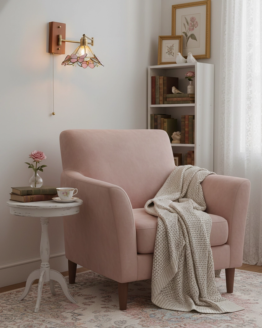 Elowen botanical wall lamp in cozy corner with pink armchair, wood-brass structure with pull chain demonstrating warm vintage decor styling