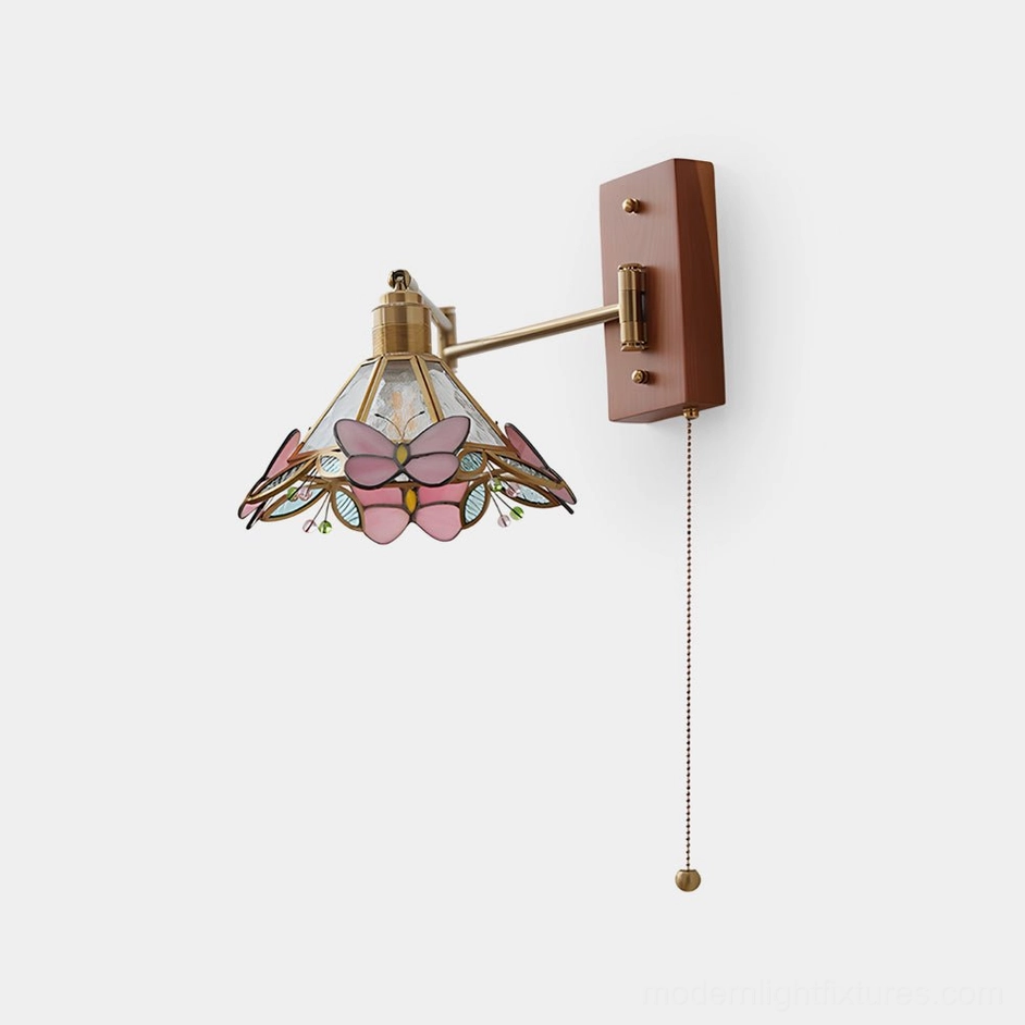 Elowen Petal Wall Sconce with butterfly stained glass shade, front view studio shot on white background showcasing sculptural botanical design