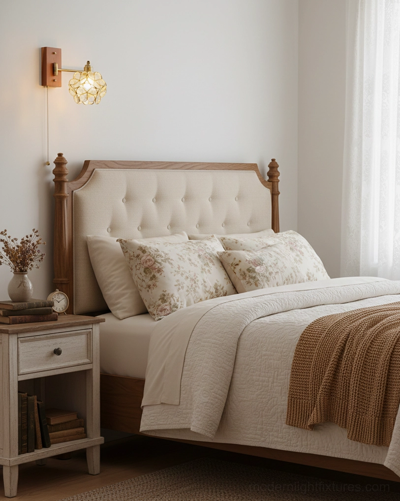 Elowen botanical wall sconce with floral cage glass shade in master bedroom setting, mounted above tufted headboard with brass-wood frame