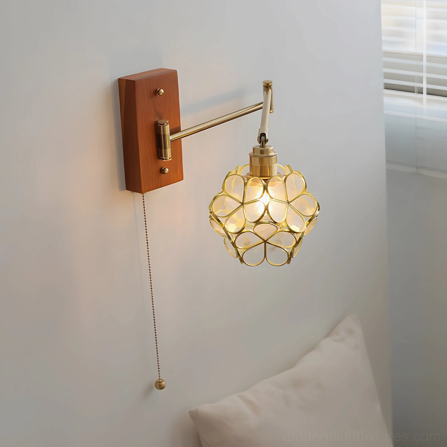 Elowen petal wall sconce installation guide, showing adjustable metal arm positioning and directional lighting capabilities for various room settings