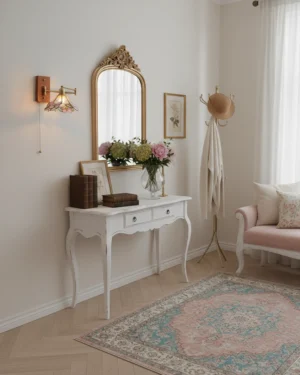 Elowen botanical wall sconce installed in French vintage vanity bedroom, demonstrating brass-wood hardware and warm lighting ambiance