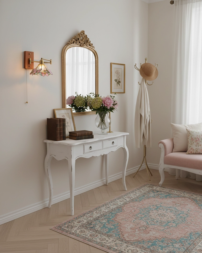 Elowen botanical wall sconce installed in French vintage vanity bedroom, demonstrating brass-wood hardware and warm lighting ambiance