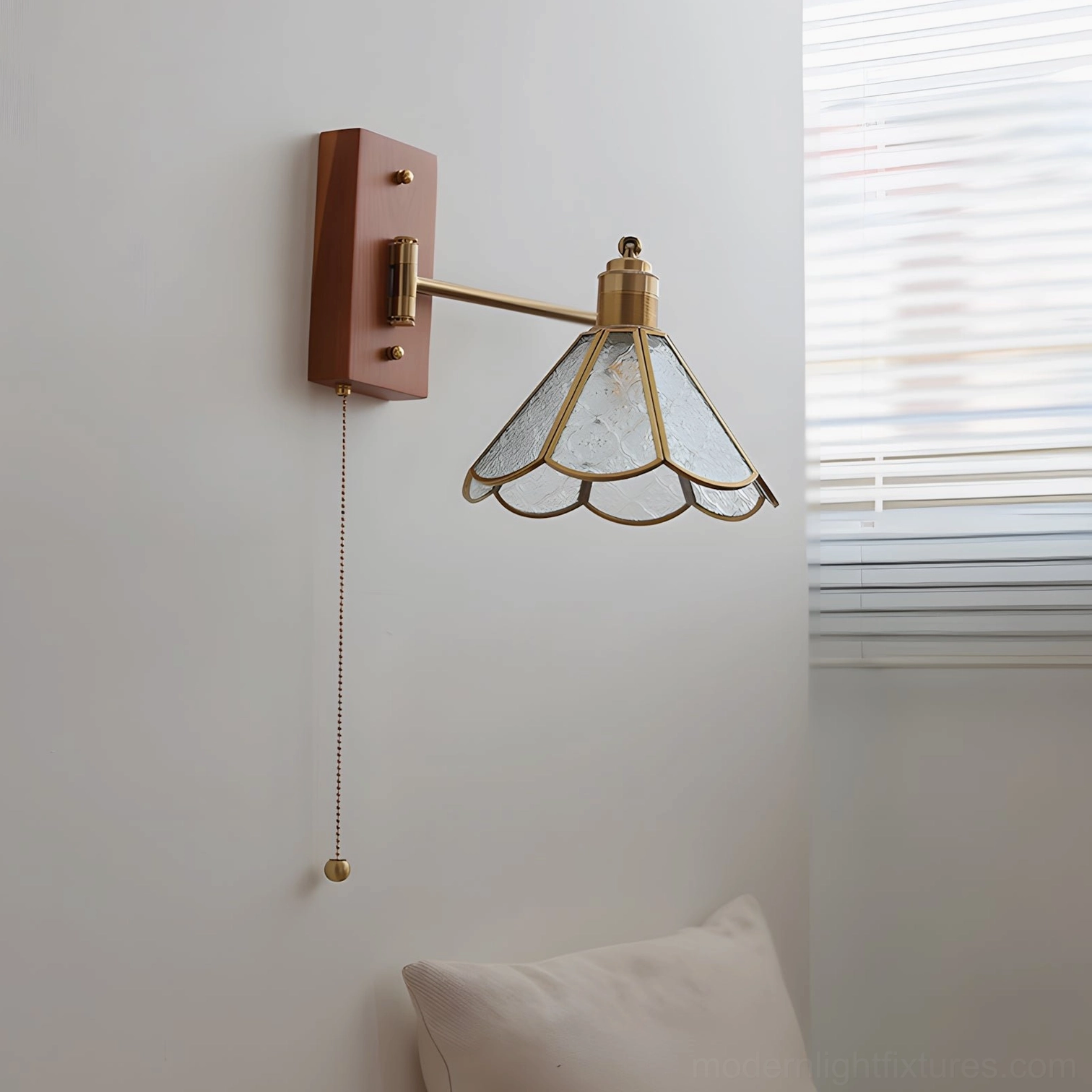 Elowen Petal Wall Sconce Model B with gold and walnut finish, gallery wall installation showing proportional sizing and contemporary placement