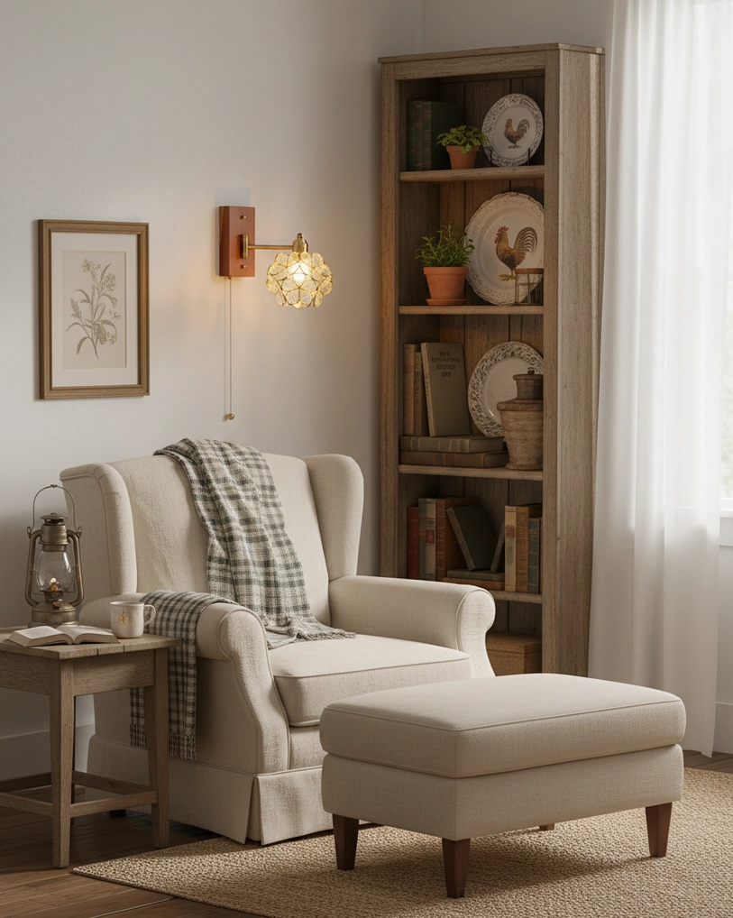 Elowen petal wall lamp in cozy reading nook setting with bookshelf, brass and wooden structure providing directional task lighting