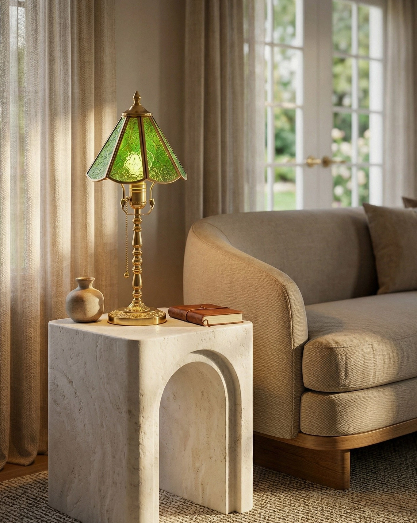 Elowen stained glass table lamp on living room console table beside upholstered sofa and sheer curtains