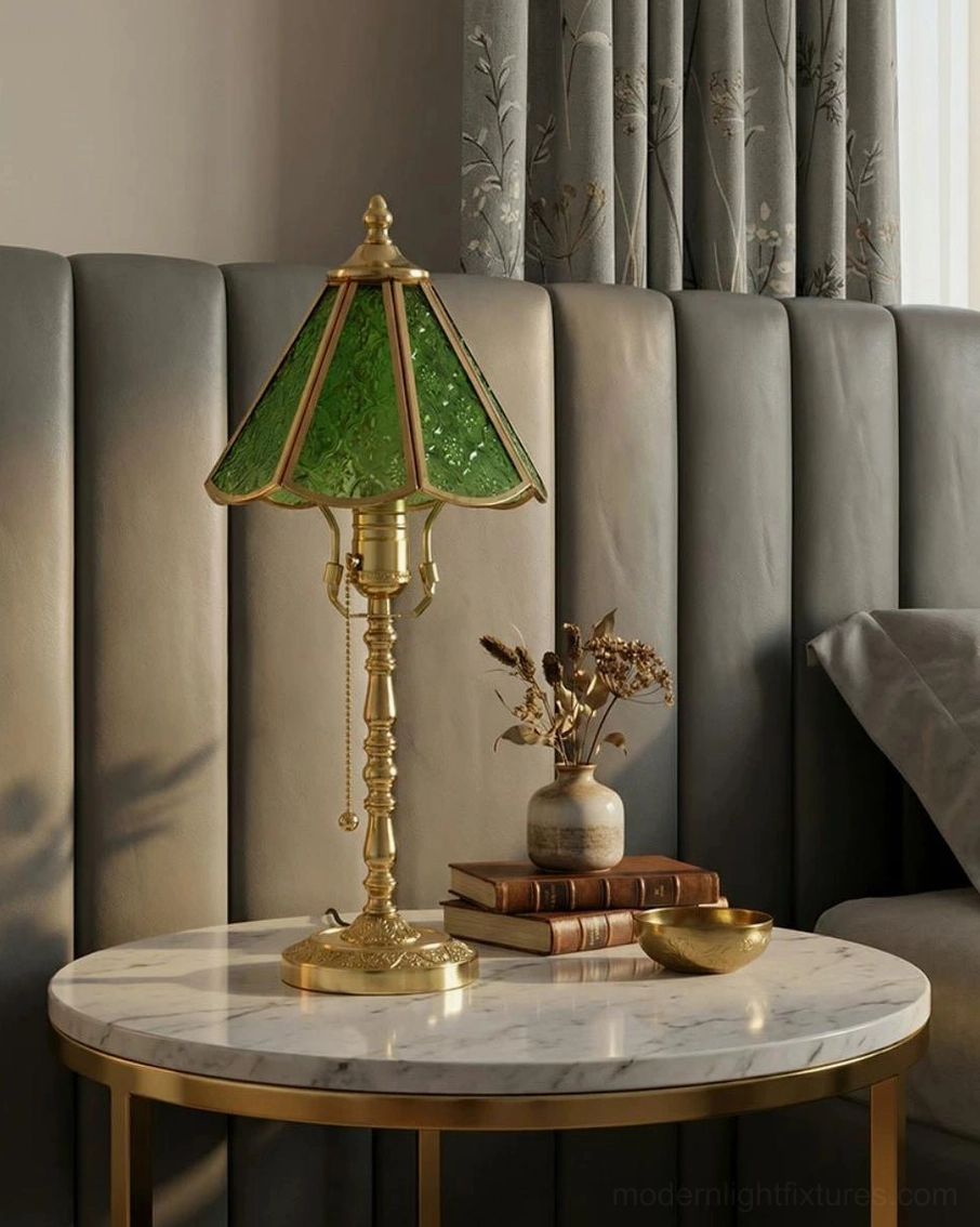 Elowen green stained glass table lamp in traditional bedroom setting with classic furniture and decor