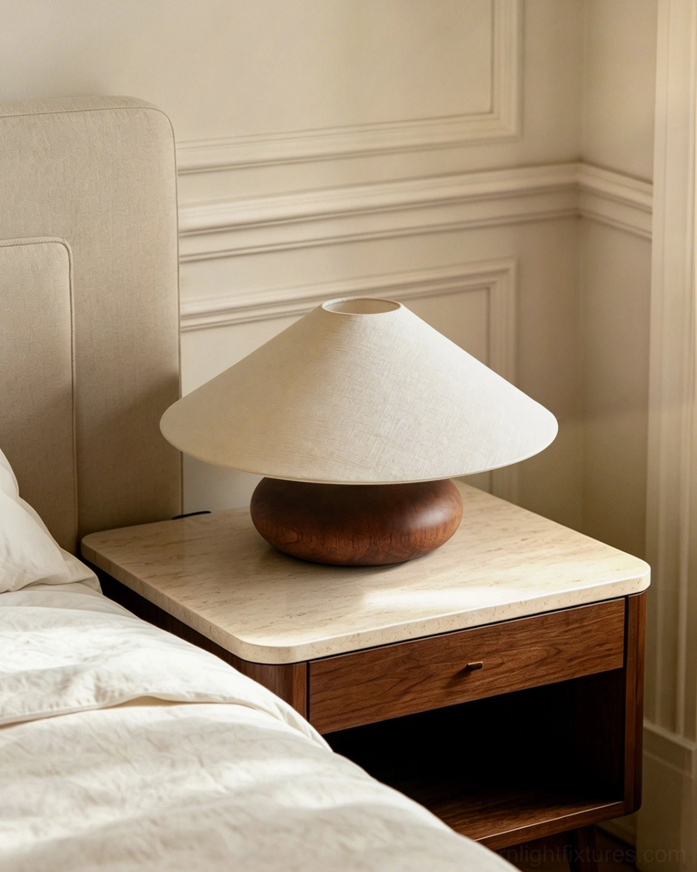 Elowen mushroom table lamp on bedroom bedside nightstand next to wooden bed frame