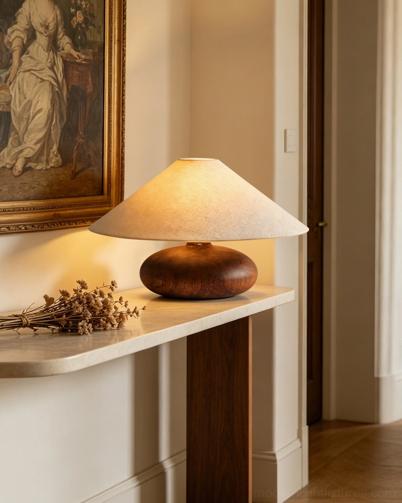 Elowen accent lamp on hallway console table under vintage oil painting with dried floral arrangement