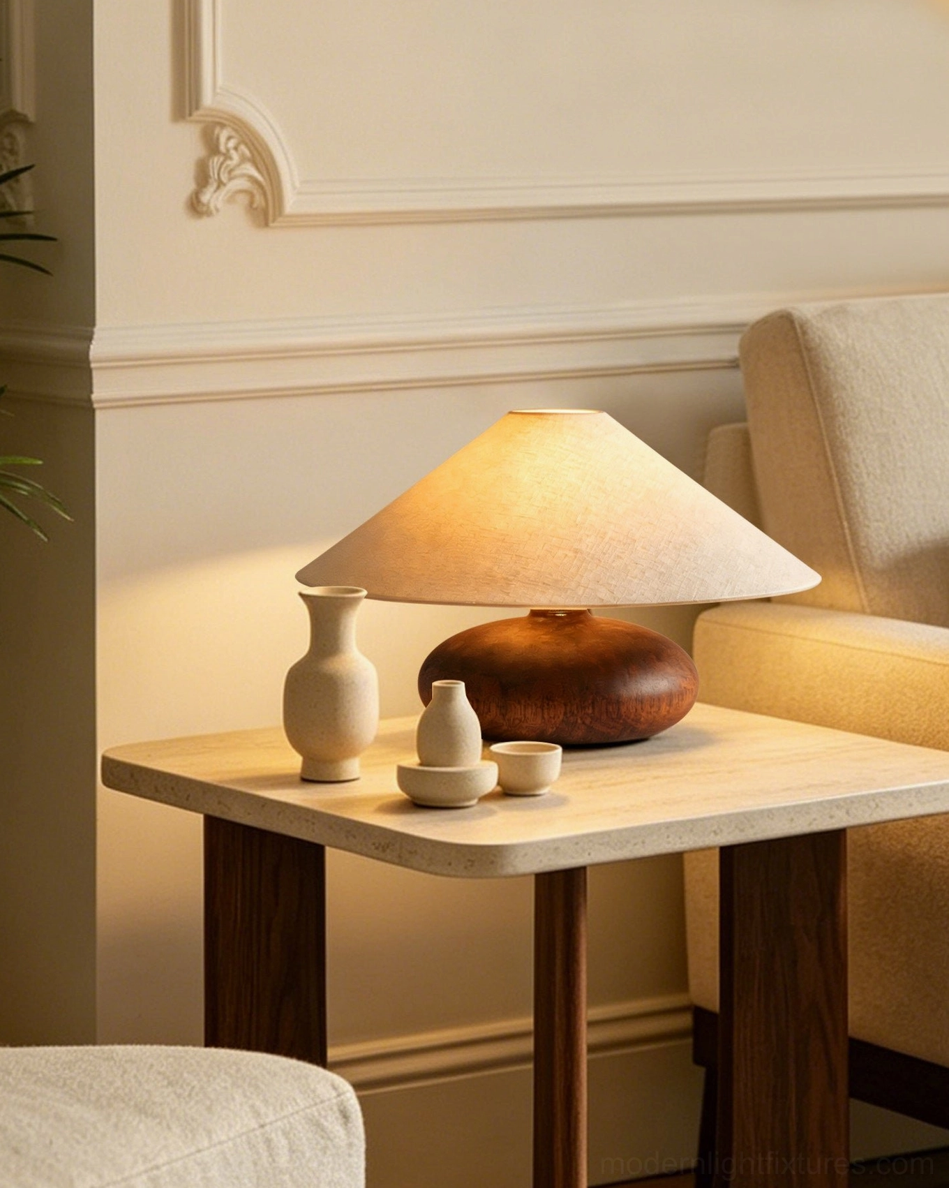Elowen accent table lamp styled on French living room side table with warm ambient lighting and ceramic decor