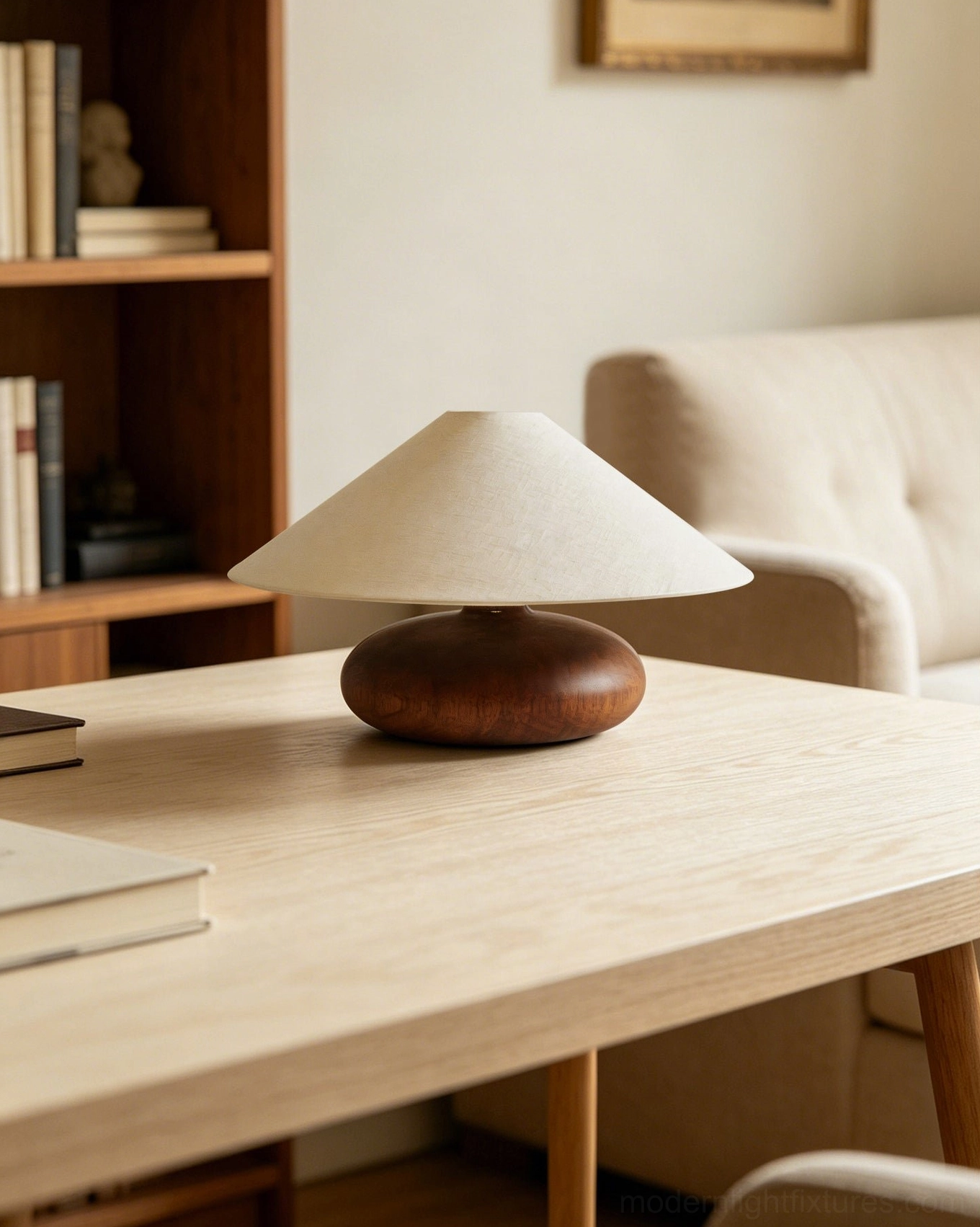 Elowen table lamp on home study wooden desk with light wood furniture and notebooks
