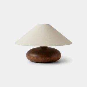 Elowen walnut wood table lamp with ivory linen cone shade, studio front view on white background