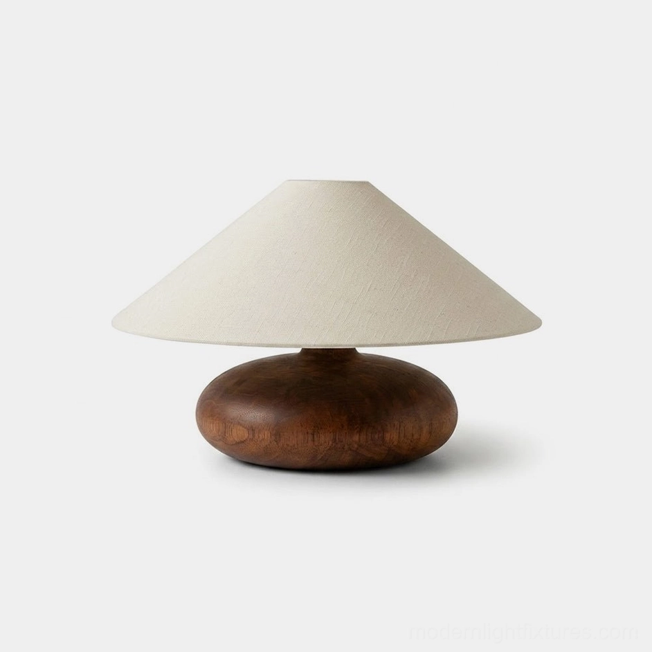 Elowen walnut wood table lamp with ivory linen cone shade, studio front view on white background