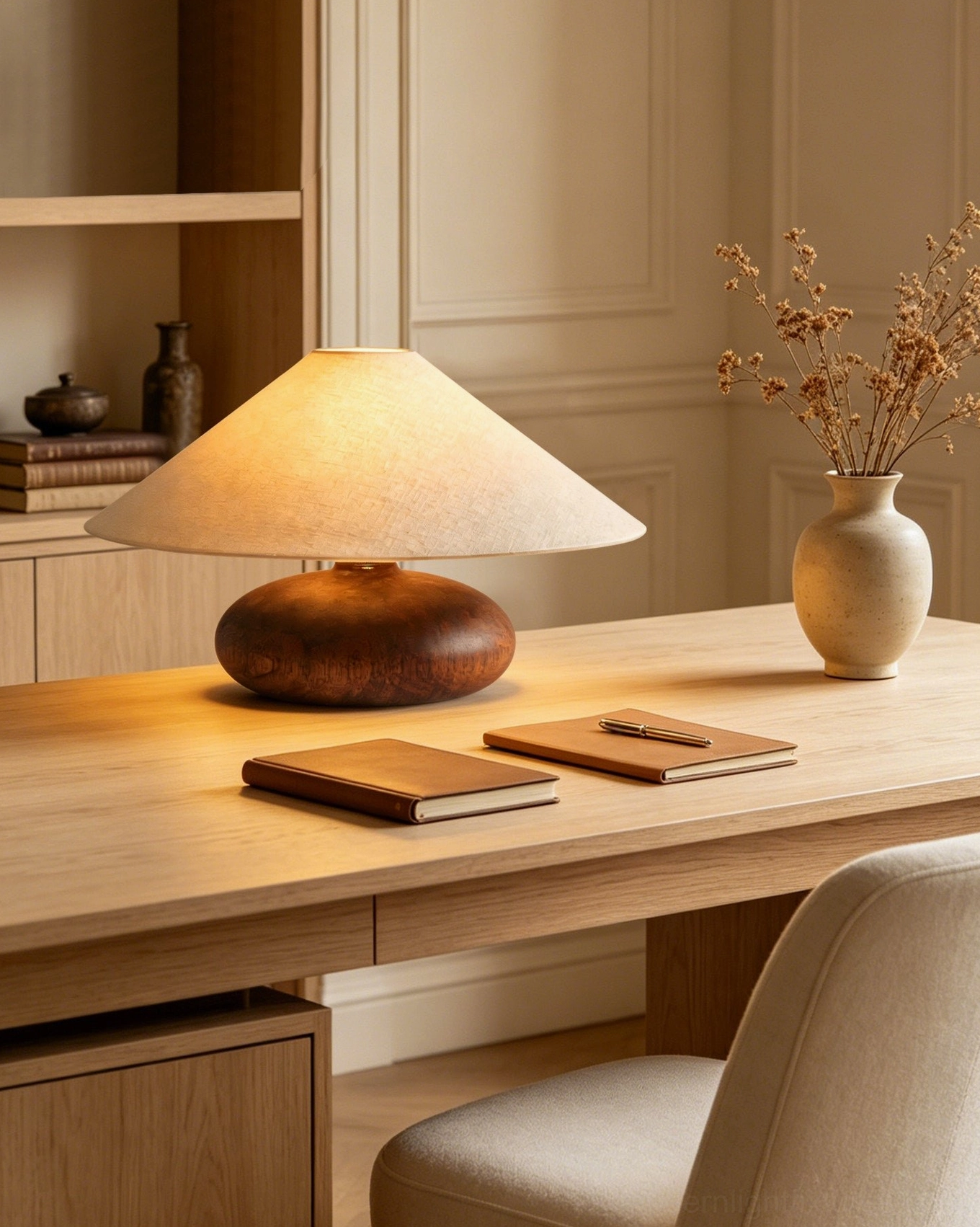 Elowen table lamp on home workspace desk with dried flower vase and minimalist decor
