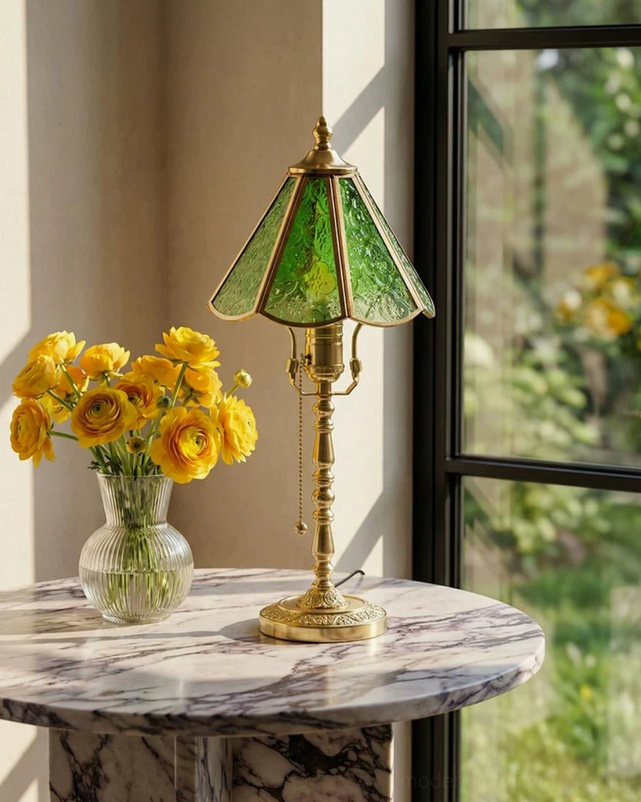 Elowen vintage stained glass table lamp Art Nouveau style brass and green glass construction