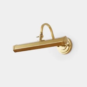 Elowen adjustable picture wall sconce in satin brass finish with polished metal arm and geometric shade, front view