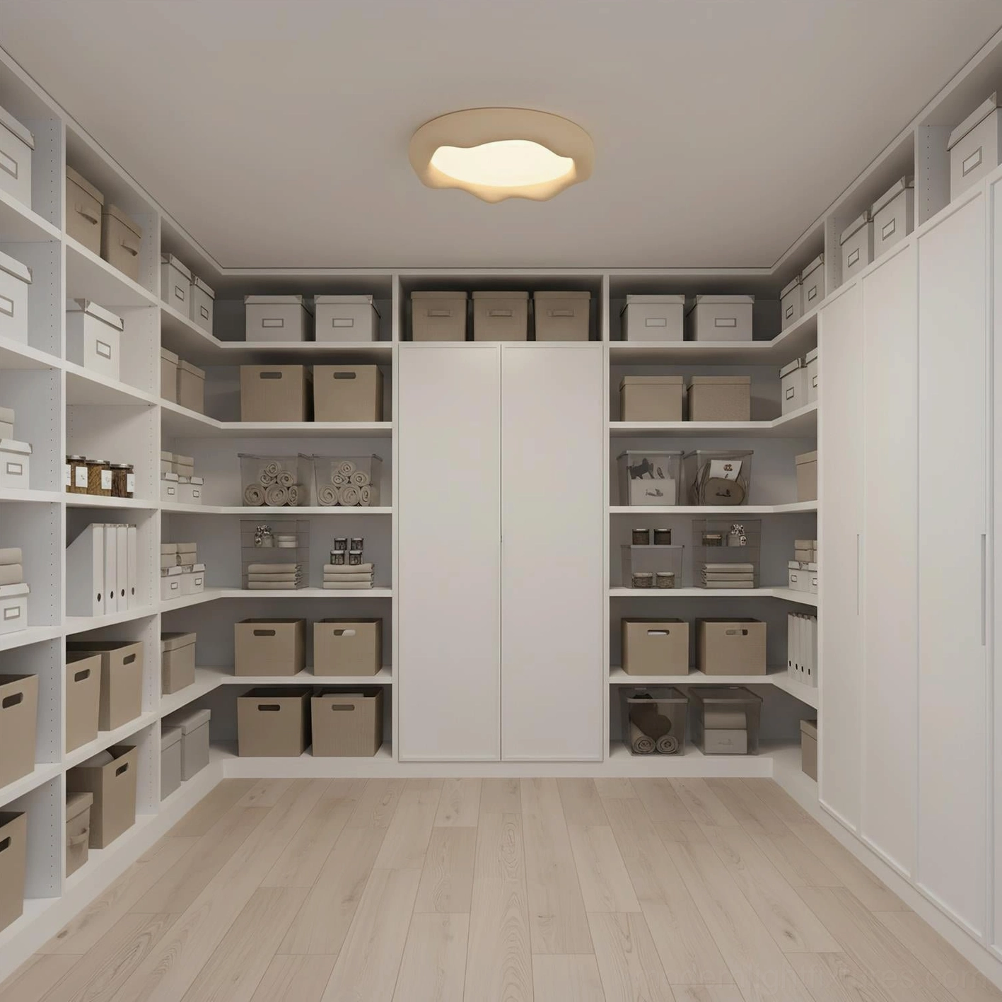 Beige cloud ceiling fixture in walk-in closet with flat matte integrated LED design and warm light