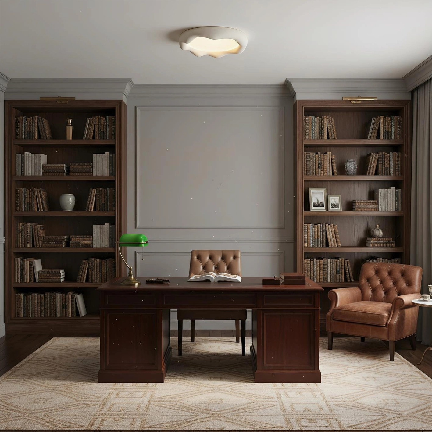 Off-white cloud-shaped ceiling light fixture in minimalist home office with soft warm illumination