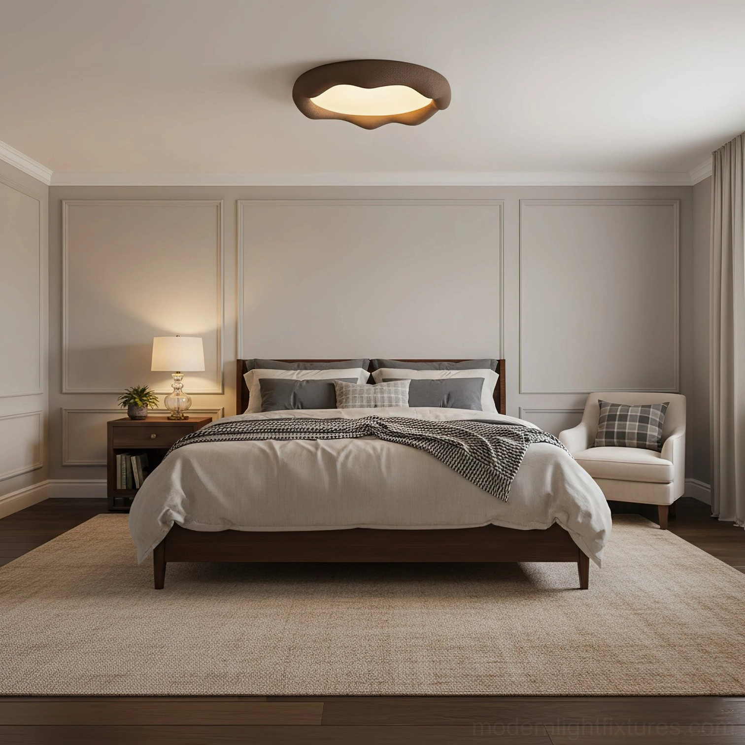 Brown irregular cloud ceiling lamp mounted in contemporary master bedroom matching neutral decor