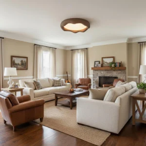 Modern brown cloud flush mount ceiling light in traditional American living room with warm ambient glow