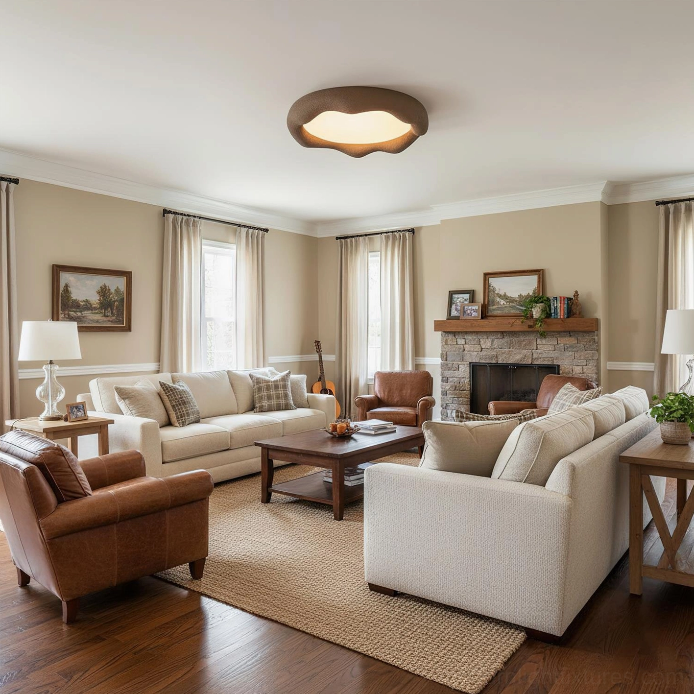 Modern brown cloud flush mount ceiling light in traditional American living room with warm ambient glow