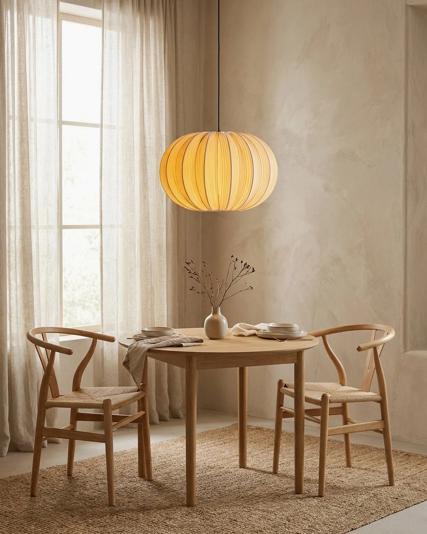 Cream pleated lantern pendant light above dining table with natural wood chairs, window-side setting