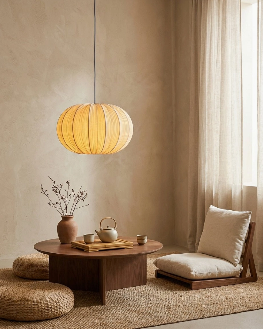 Wide-angle view of Elunor pleated lantern pendant in tea lounge, wabi-sabi warm minimalist interior